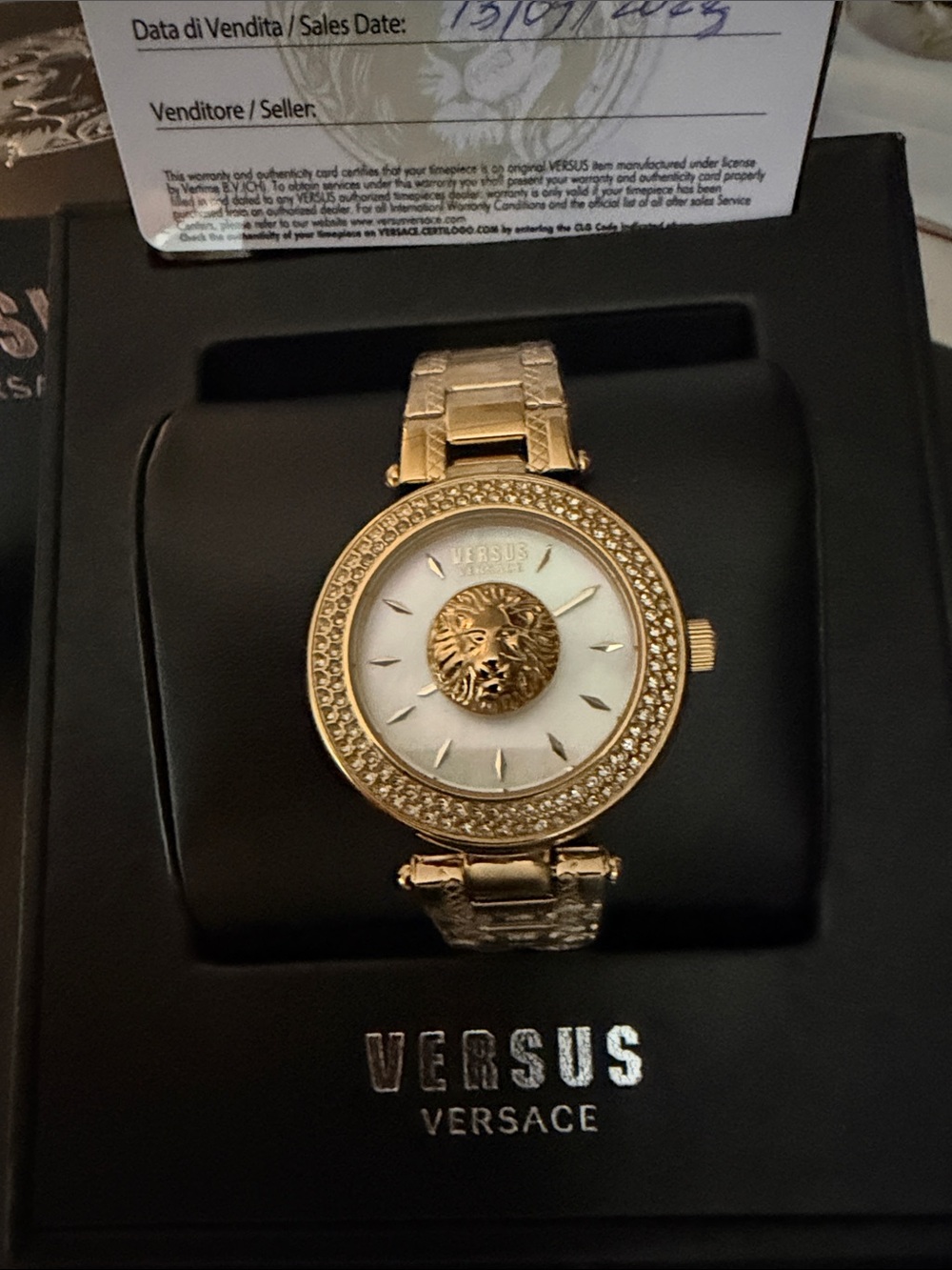 Versus Versace Gold-Tone Lion Medallion Crystal Bezel Bracelet Watch